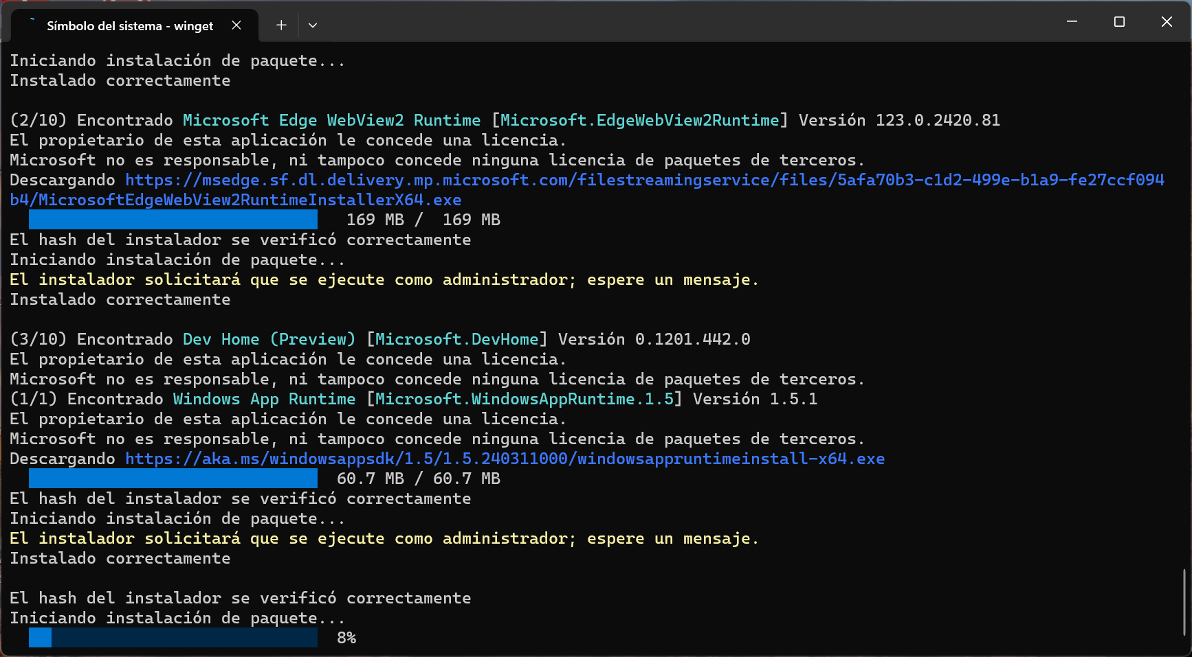 Captura de pantalla de la linea de comandos actualizando los paquetes con winget upgrade -r