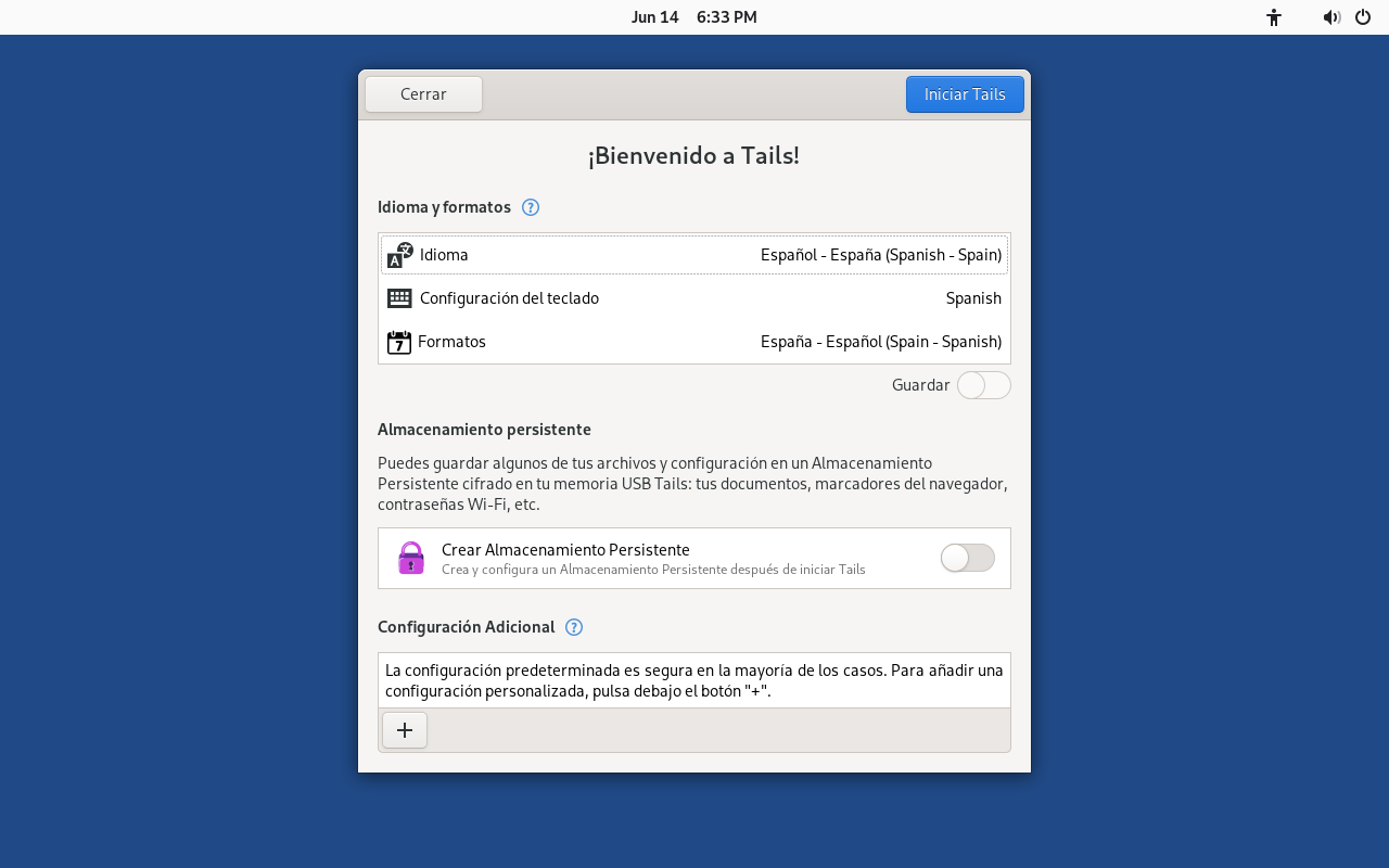 Configuración inicial de Tails OS